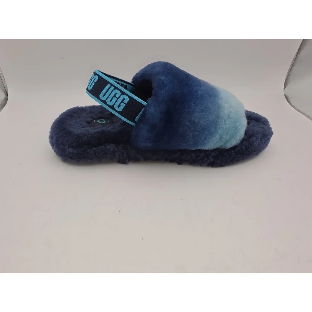 Women UGG Fluff Slides Bright Blue Slipper Size 4 w/ Straps